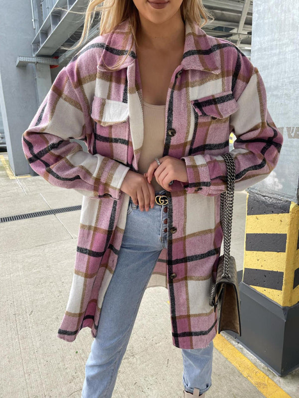 Ava's Single-Breasted Plaid Long-Sleeved Shirt Jacket kakaclo