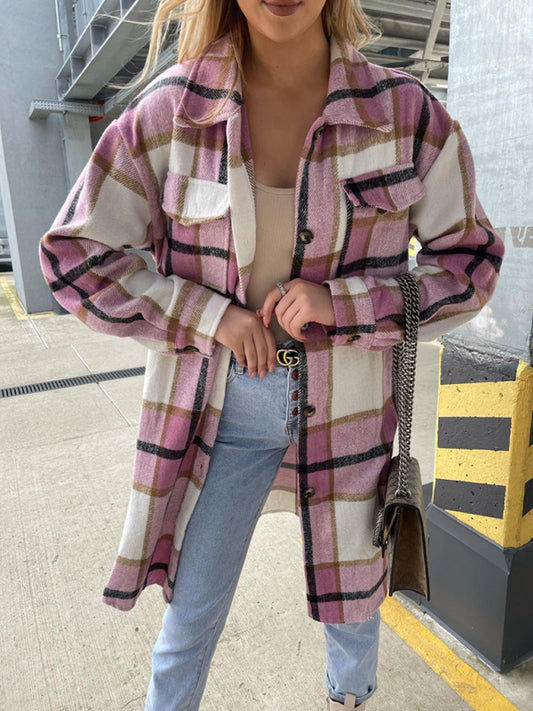 Ava's Single-Breasted Plaid Long-Sleeved Shirt Jacket kakaclo
