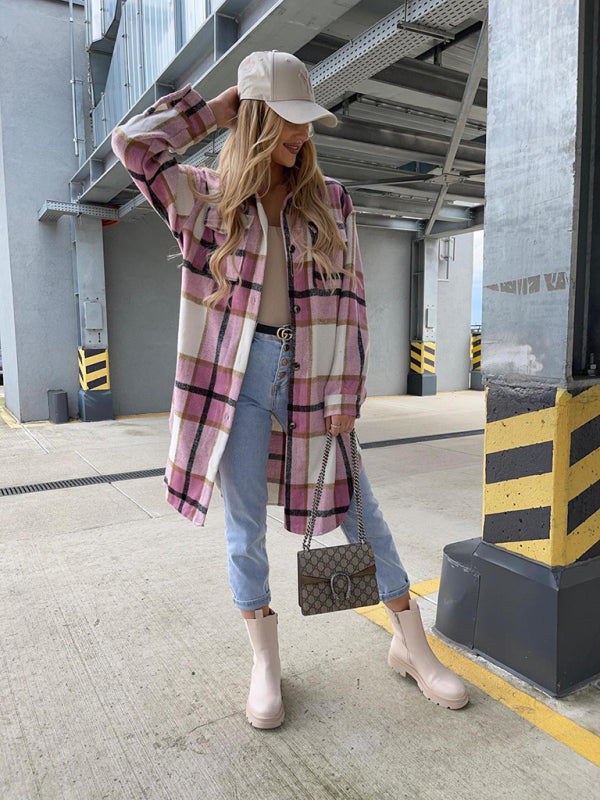 Ava's Single-Breasted Plaid Long-Sleeved Shirt Jacket kakaclo