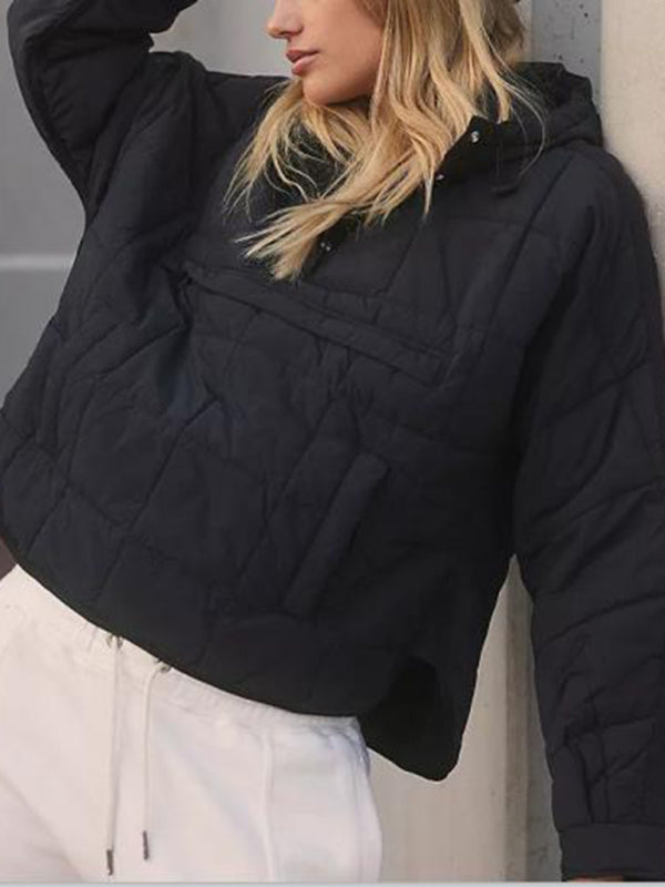 Blue Zone Planet | Solid Color Hooded Cotton Foldable Padded Pullover Pocket Long Sleeve Jacket BLUE ZONE PLANET