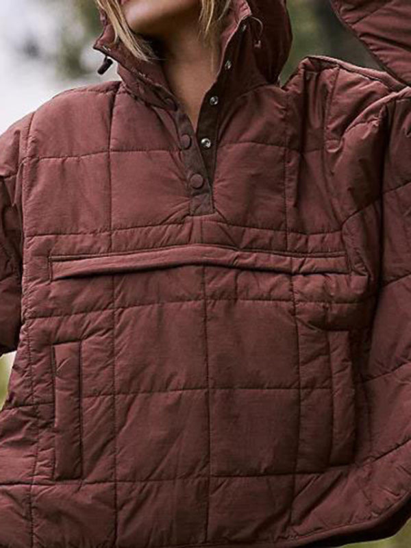 Blue Zone Planet | Solid Color Hooded Cotton Foldable Padded Pullover Pocket Long Sleeve Jacket BLUE ZONE PLANET
