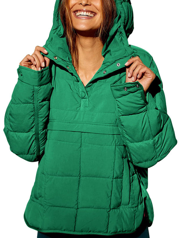 Blue Zone Planet | Solid Color Hooded Cotton Foldable Padded Pullover Pocket Long Sleeve Jacket BLUE ZONE PLANET