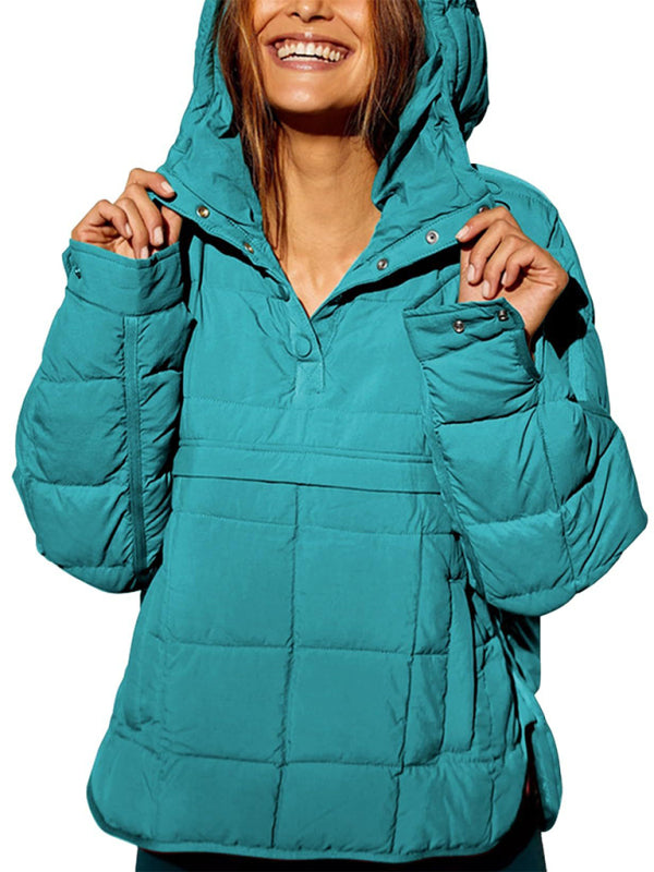 Blue Zone Planet | Solid Color Hooded Cotton Foldable Padded Pullover Pocket Long Sleeve Jacket BLUE ZONE PLANET