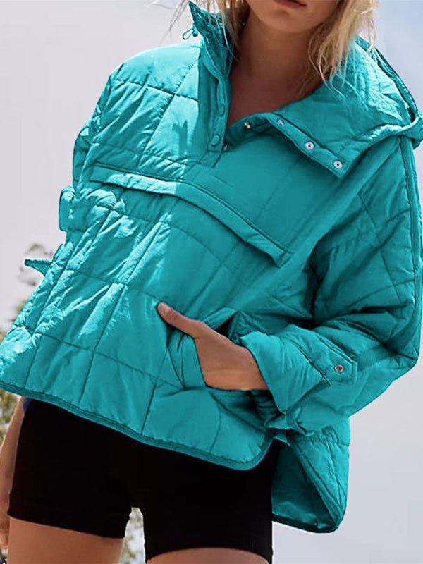 Blue Zone Planet | Solid Color Hooded Cotton Foldable Padded Pullover Pocket Long Sleeve Jacket BLUE ZONE PLANET