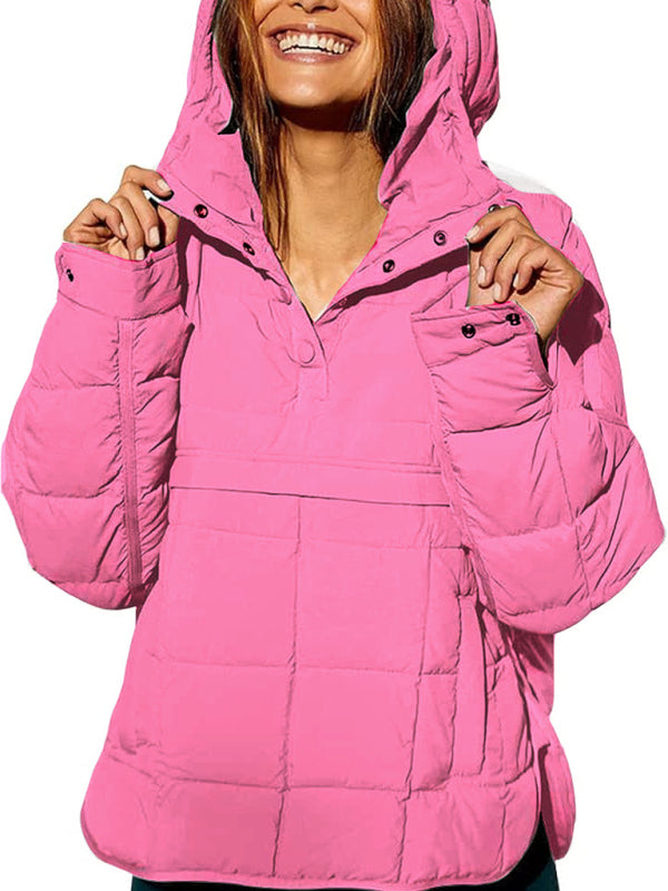 Blue Zone Planet | Solid Color Hooded Cotton Foldable Padded Pullover Pocket Long Sleeve Jacket BLUE ZONE PLANET