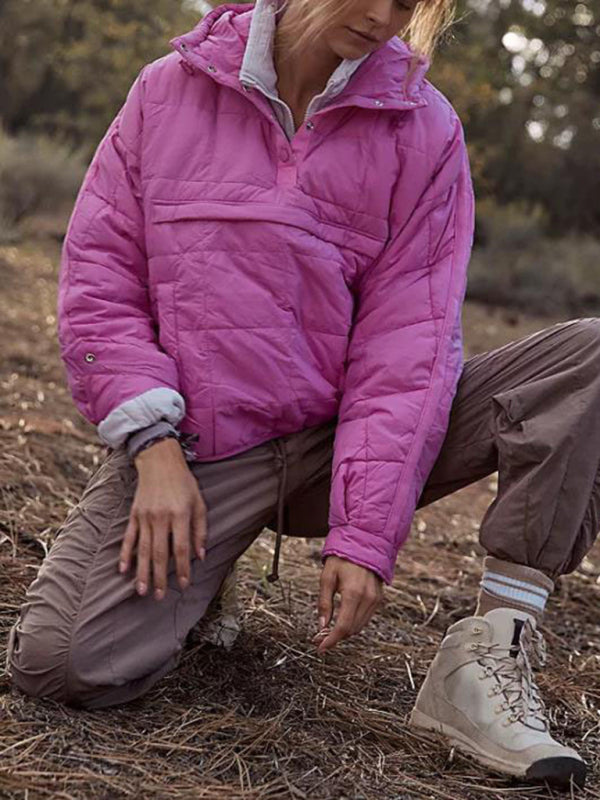 Blue Zone Planet | Solid Color Hooded Cotton Foldable Padded Pullover Pocket Long Sleeve Jacket BLUE ZONE PLANET
