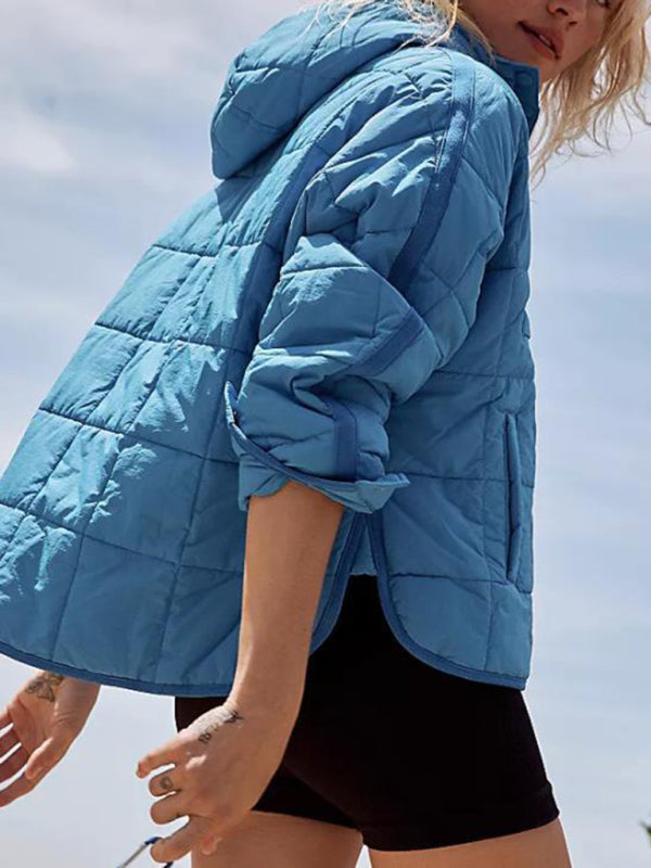 Blue Zone Planet | Solid Color Hooded Cotton Foldable Padded Pullover Pocket Long Sleeve Jacket BLUE ZONE PLANET