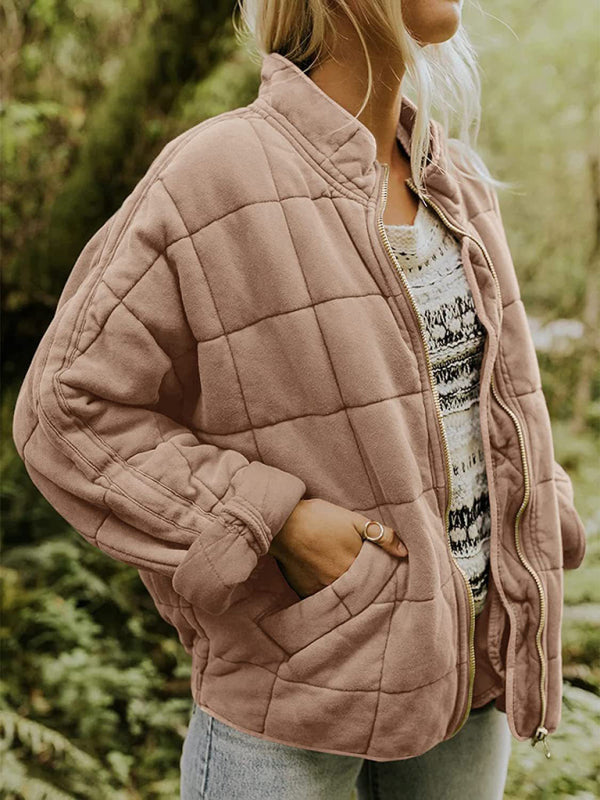 Solid color stand collar cotton jacket with loose pockets and long sleeves kakaclo