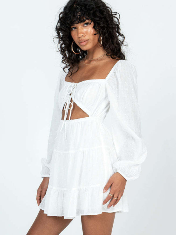 elegant square-neck long-sleeved lace-up hollow short white dress kakaclo