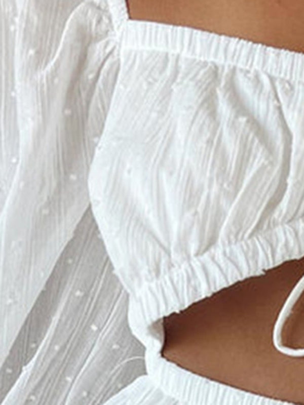 elegant square-neck long-sleeved lace-up hollow short white dress kakaclo