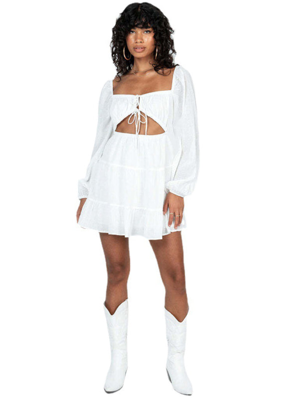 elegant square-neck long-sleeved lace-up hollow short white dress kakaclo