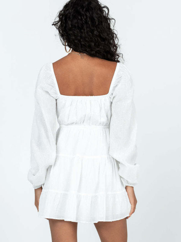 elegant square-neck long-sleeved lace-up hollow short white dress kakaclo