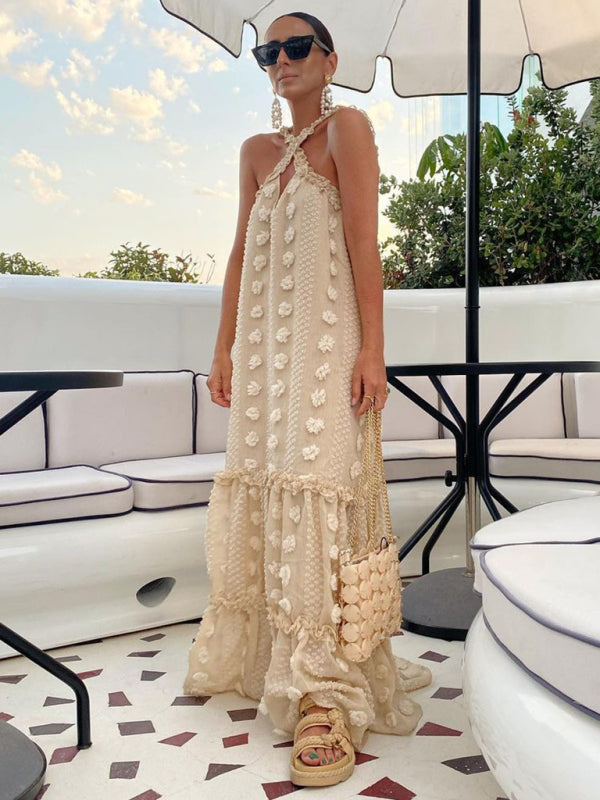 Fashion Halter Neck Three-dimensional Flower Mopping Cake Dress kakaclo