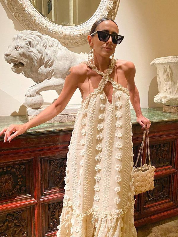 Fashion Halter Neck Three-dimensional Flower Mopping Cake Dress kakaclo
