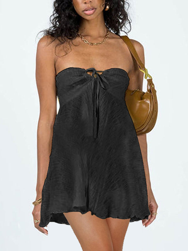 Fashion Tube Top Backless Solid Color High Waist Dress kakaclo