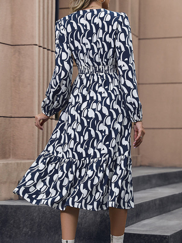 Blue Zone Planet | Elegant Long Sleeve Printed Waist Dress BLUE ZONE PLANET