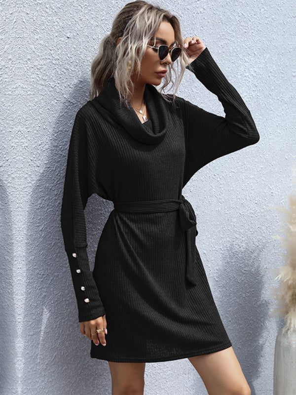 pile collar solid color bottoming knitted sweater dress with long sleeves kakaclo
