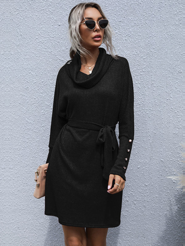 pile collar solid color bottoming knitted sweater dress with long sleeves kakaclo