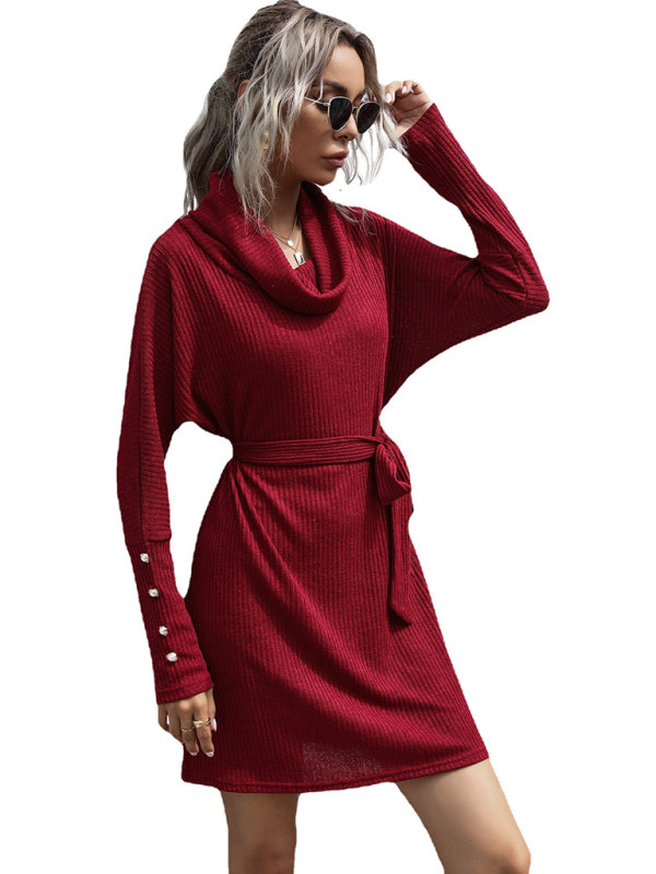 pile collar solid color bottoming knitted sweater dress with long sleeves kakaclo