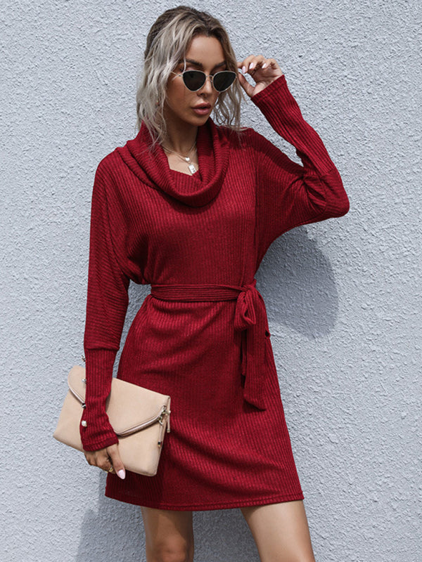 pile collar solid color bottoming knitted sweater dress with long sleeves kakaclo