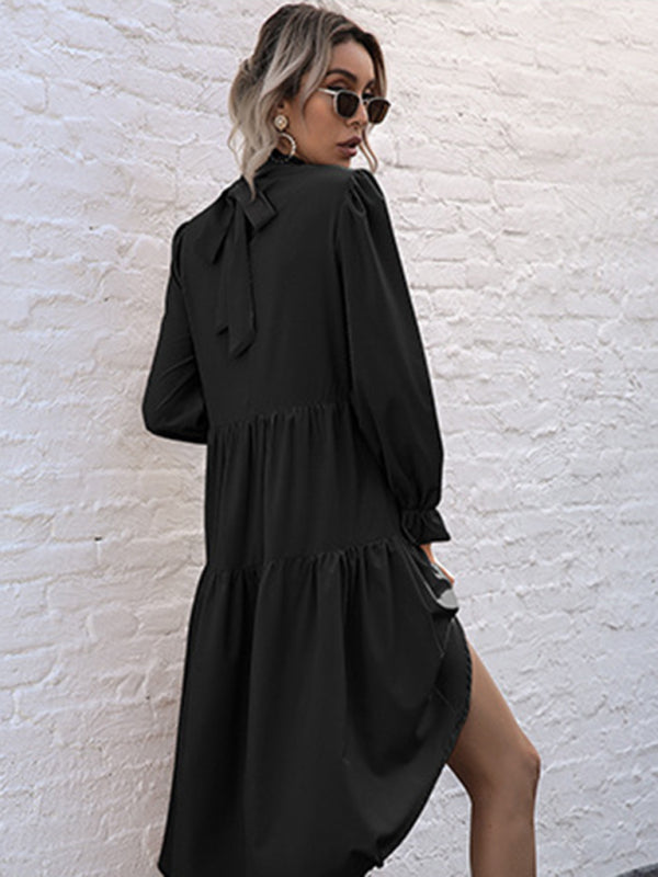 Emily's Solid Color Long Sleeve Irregular Half Turtleneck Dress kakaclo