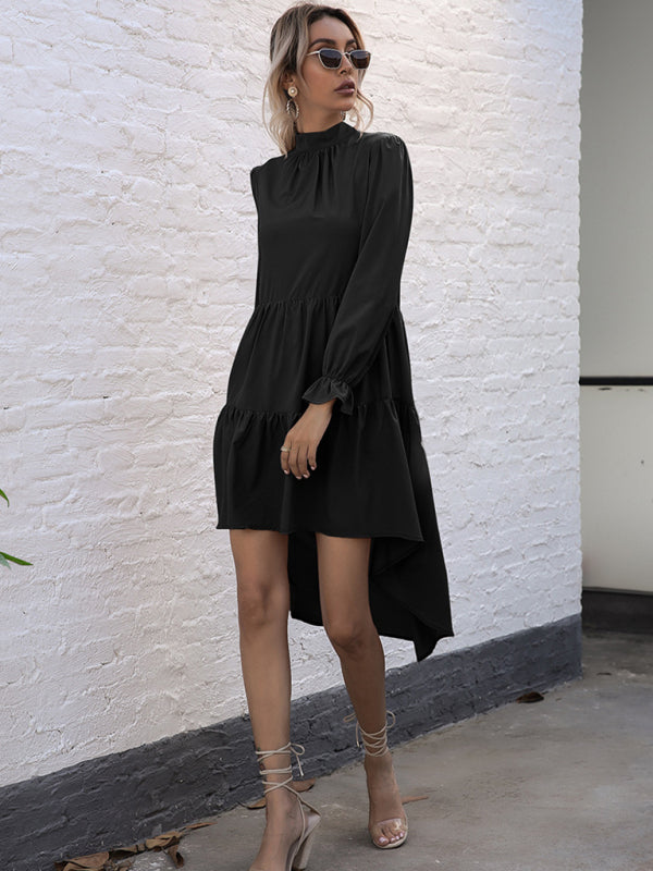 Emily's Solid Color Long Sleeve Irregular Half Turtleneck Dress kakaclo