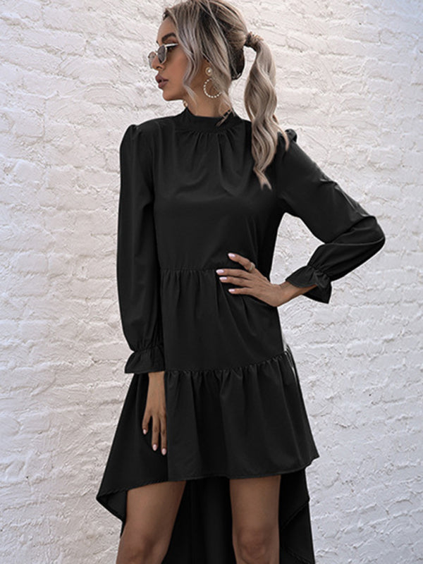Emily's Solid Color Long Sleeve Irregular Half Turtleneck Dress kakaclo