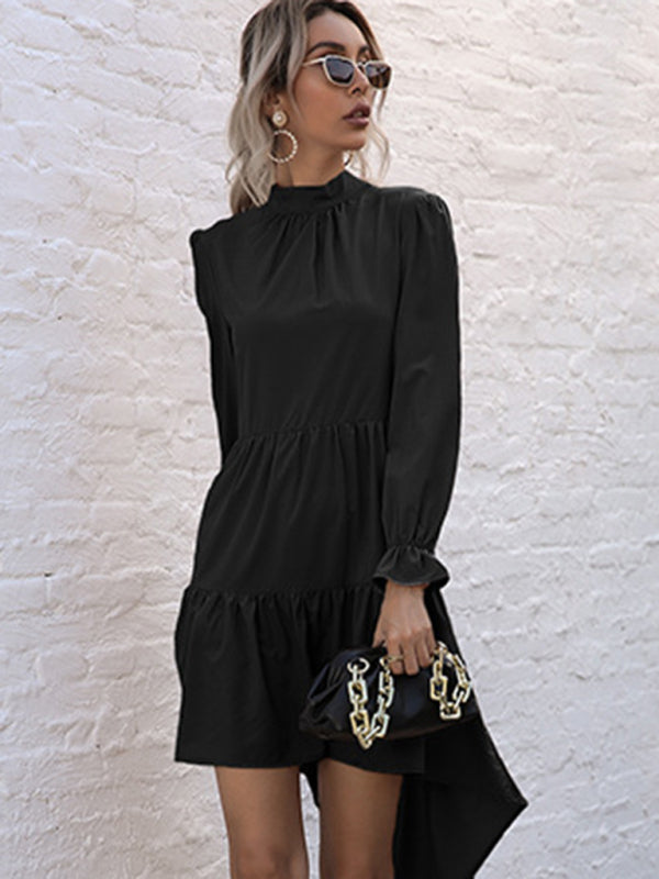 Emily's Solid Color Long Sleeve Irregular Half Turtleneck Dress kakaclo