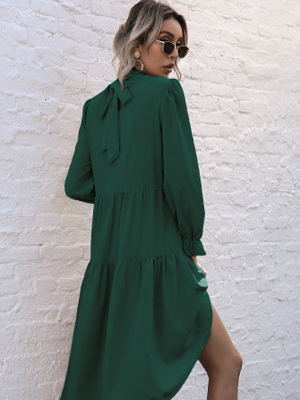 Emily's Solid Color Long Sleeve Irregular Half Turtleneck Dress kakaclo