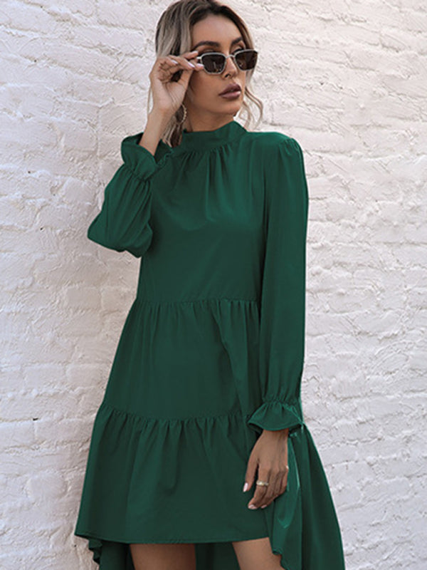Emily's Solid Color Long Sleeve Irregular Half Turtleneck Dress kakaclo
