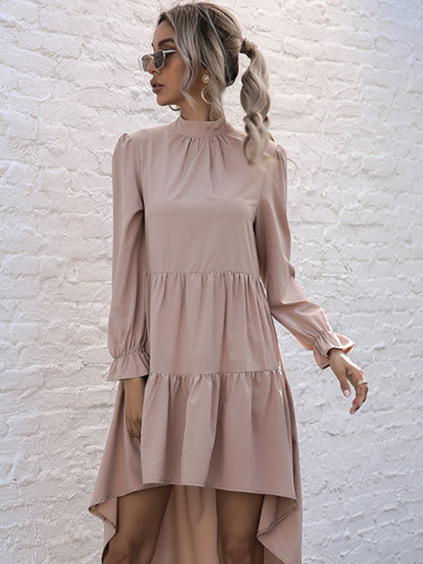Emily's Solid Color Long Sleeve Irregular Half Turtleneck Dress kakaclo