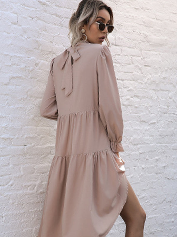 Emily's Solid Color Long Sleeve Irregular Half Turtleneck Dress kakaclo