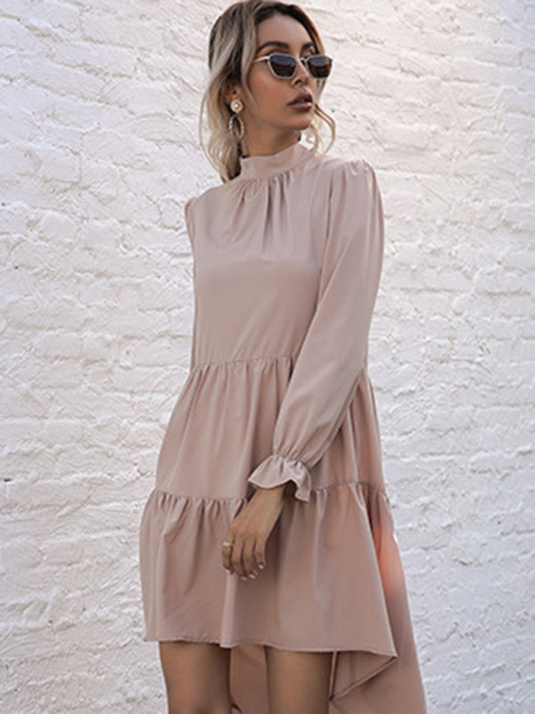 Emily's Solid Color Long Sleeve Irregular Half Turtleneck Dress kakaclo