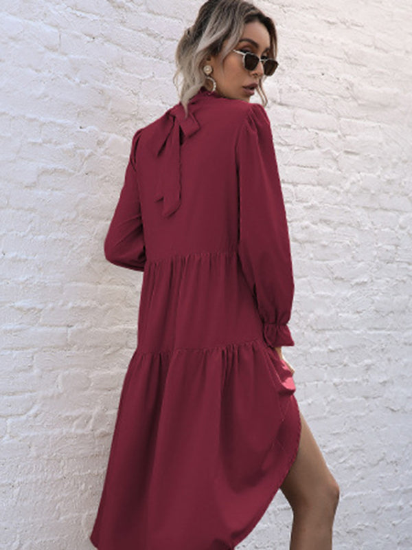 Emily's Solid Color Long Sleeve Irregular Half Turtleneck Dress kakaclo