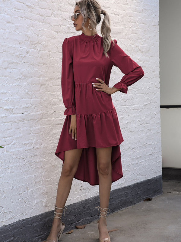 Emily's Solid Color Long Sleeve Irregular Half Turtleneck Dress kakaclo