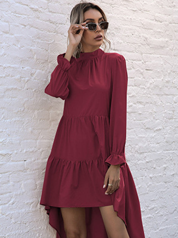 Emily's Solid Color Long Sleeve Irregular Half Turtleneck Dress kakaclo