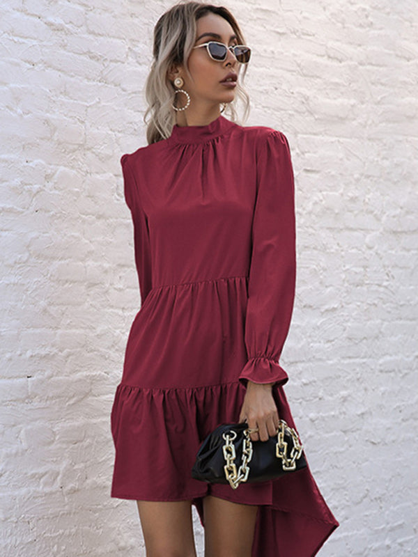 Emily's Solid Color Long Sleeve Irregular Half Turtleneck Dress kakaclo