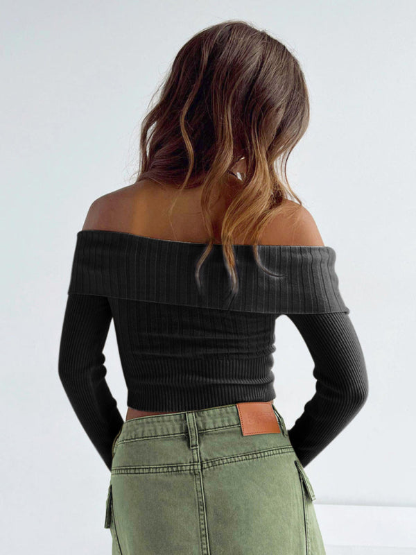New sexy hot girl one-line collar long-sleeved crop top sweater BLUE ZONE PLANET