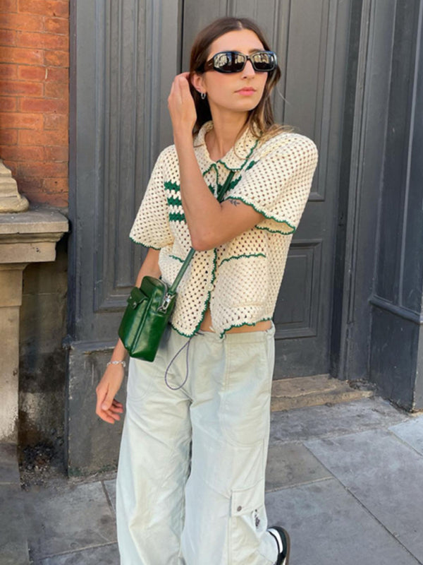 Samantha's Striped Lapel Hollow Knit Short Sleeve Collared Vest with Pockets BLUE ZONE PLANET