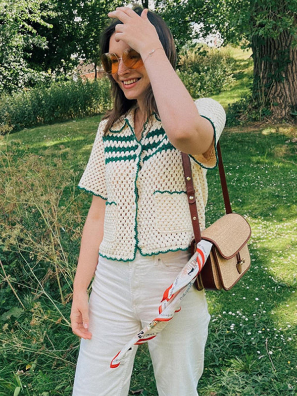 Samantha's Striped Lapel Hollow Knit Short Sleeve Collared Vest with Pockets BLUE ZONE PLANET