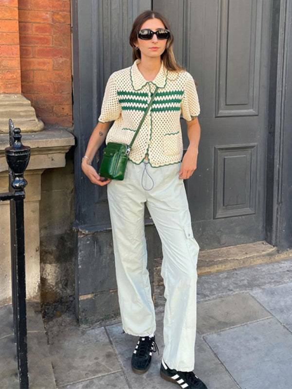 Samantha's Striped Lapel Hollow Knit Short Sleeve Collared Vest with Pockets BLUE ZONE PLANET
