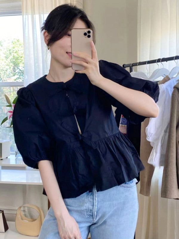 Women's Tie Puff Sleeve Waist Shirt blouse kakaclo