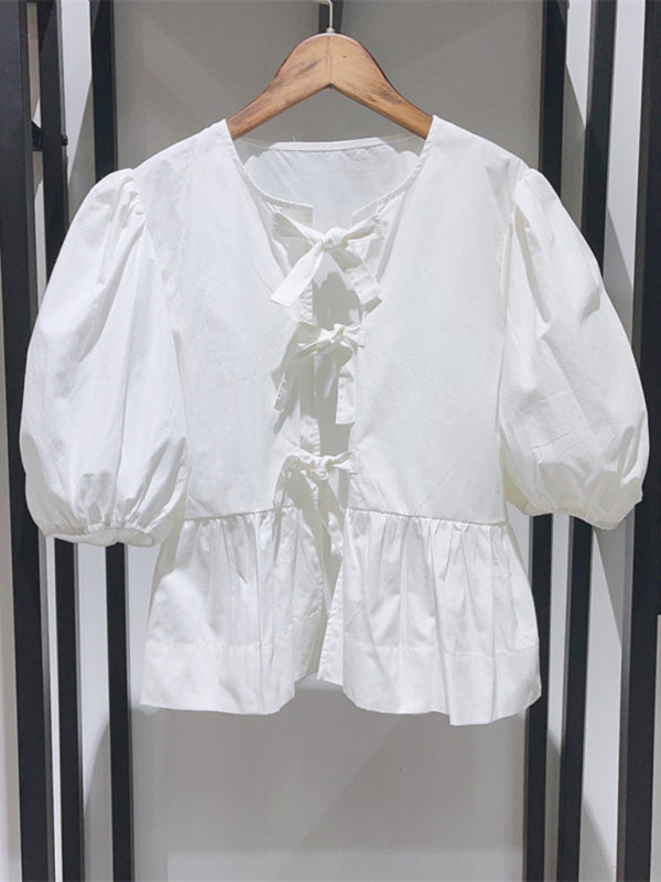 Women's Tie Puff Sleeve Waist Shirt blouse kakaclo