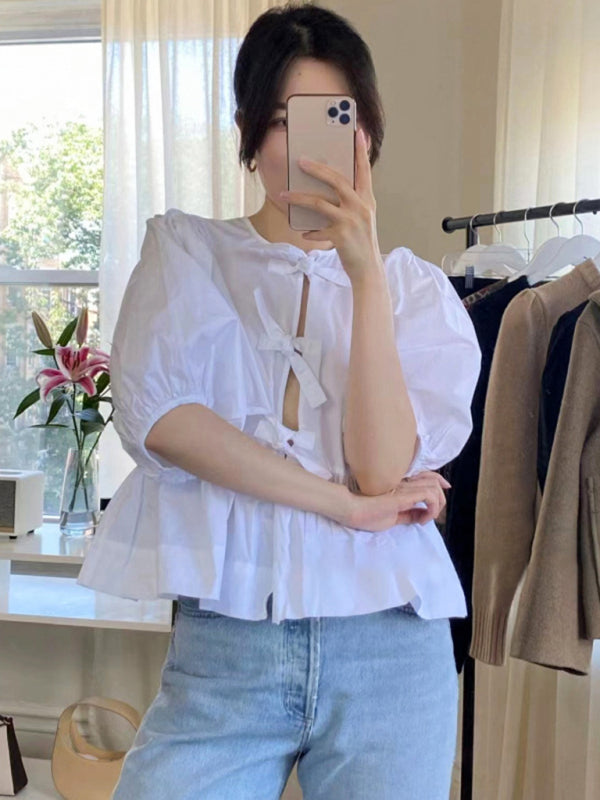 Women's Tie Puff Sleeve Waist Shirt blouse kakaclo