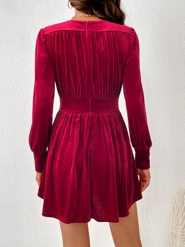 New sexy v-neck long-sleeved velvet party dress with waist and large skirt BLUE ZONE PLANET