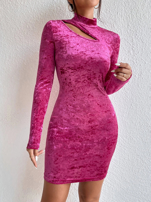 New style half-high collar hollow out slimming hip-hugging long-sleeved velvet sexy dress BLUE ZONE PLANET