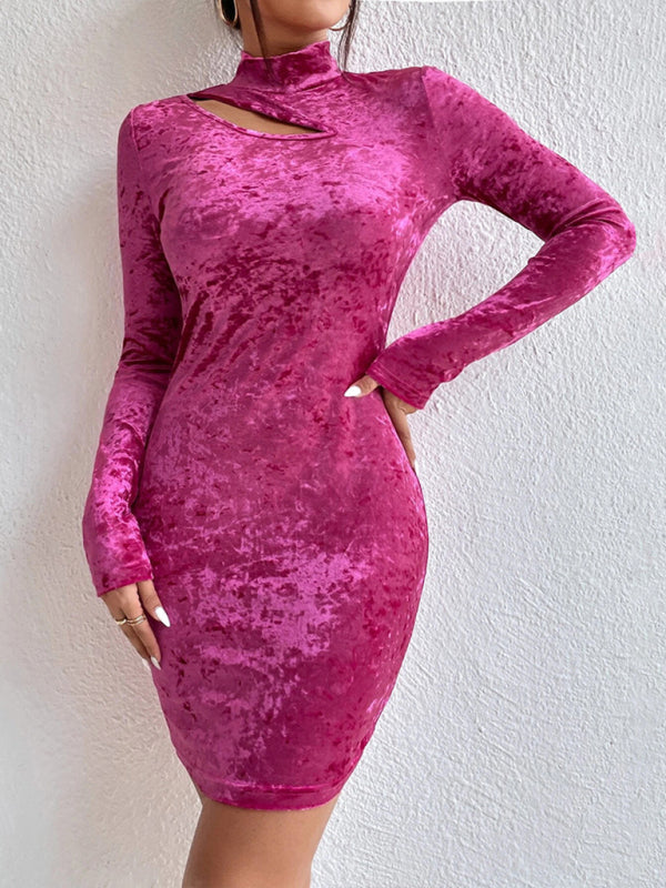 New style half-high collar hollow out slimming hip-hugging long-sleeved velvet sexy dress BLUE ZONE PLANET