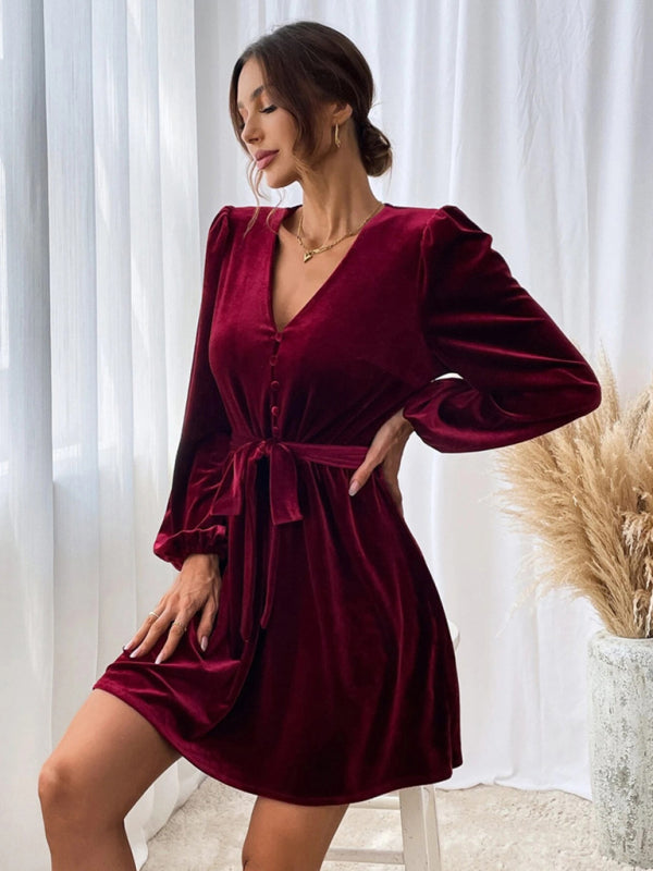 New V-neck waist A-line skirt long-sleeved velvet sexy banquet dress - New V-neck waist A-line skirt long-sleeved velvet sexy banquet dress -