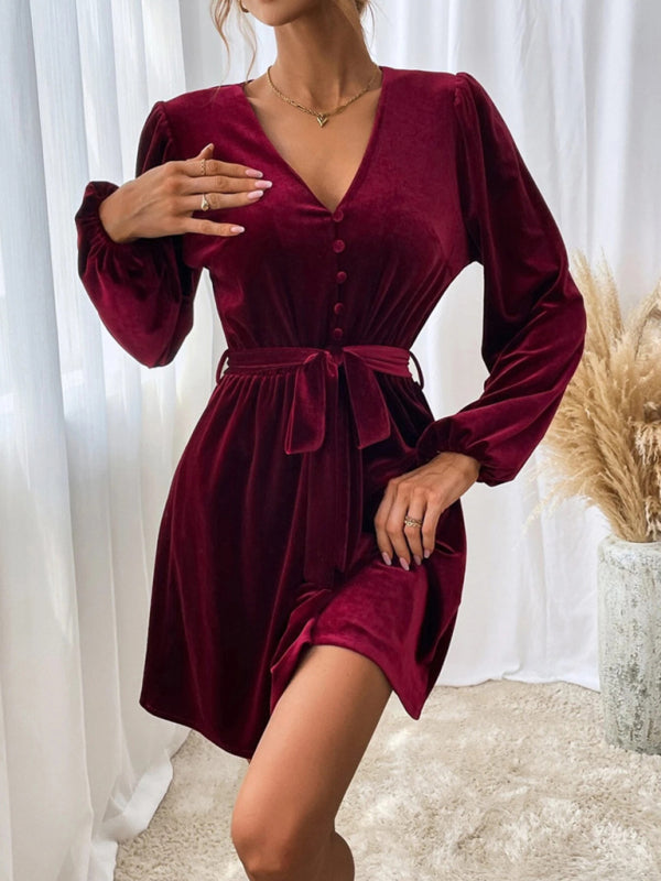 New V-neck waist A-line skirt long-sleeved velvet sexy banquet dress BLUE ZONE PLANET