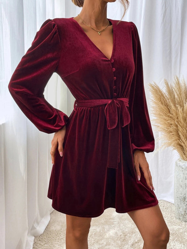 New V-neck waist A-line skirt long-sleeved velvet sexy banquet dress BLUE ZONE PLANET